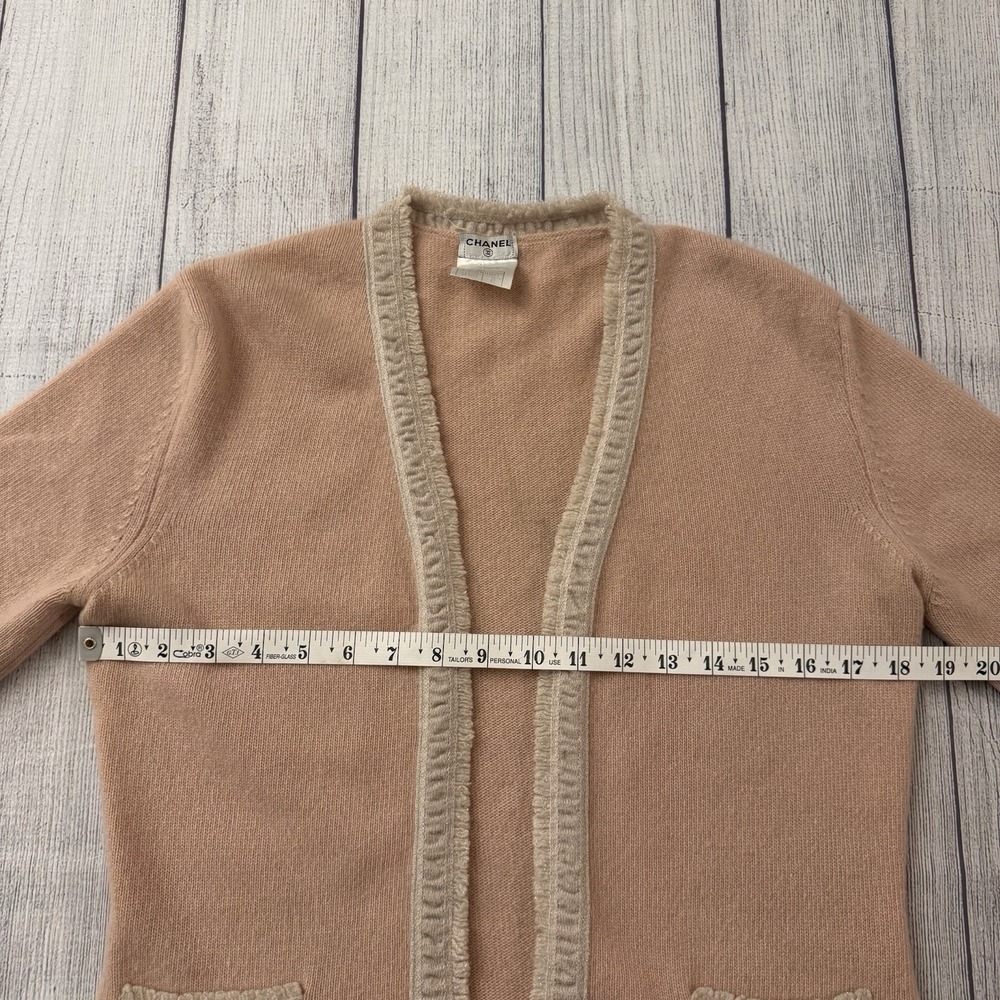 CHANEL 03A Pink 100% Cashmere Fringe Trim Open Front Cardigan Sweater Size 42 - Picture 9 of 13
